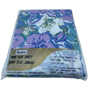 Sears Twin Flat Sheet 70 x 96 inch Flower Power Mod MCM Blue Purple Vintage